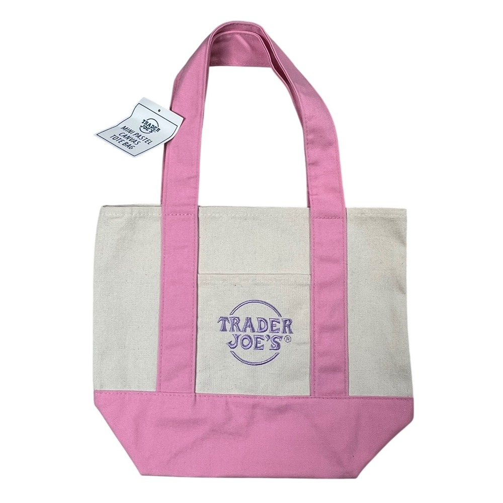 New‎ Trader Joes Mini Pastel Canvas Tote Bag Unisex Small Pink Cream Embroidered